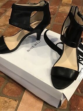Nine West Black Open-Toe Ankle-Strap Mid Heels